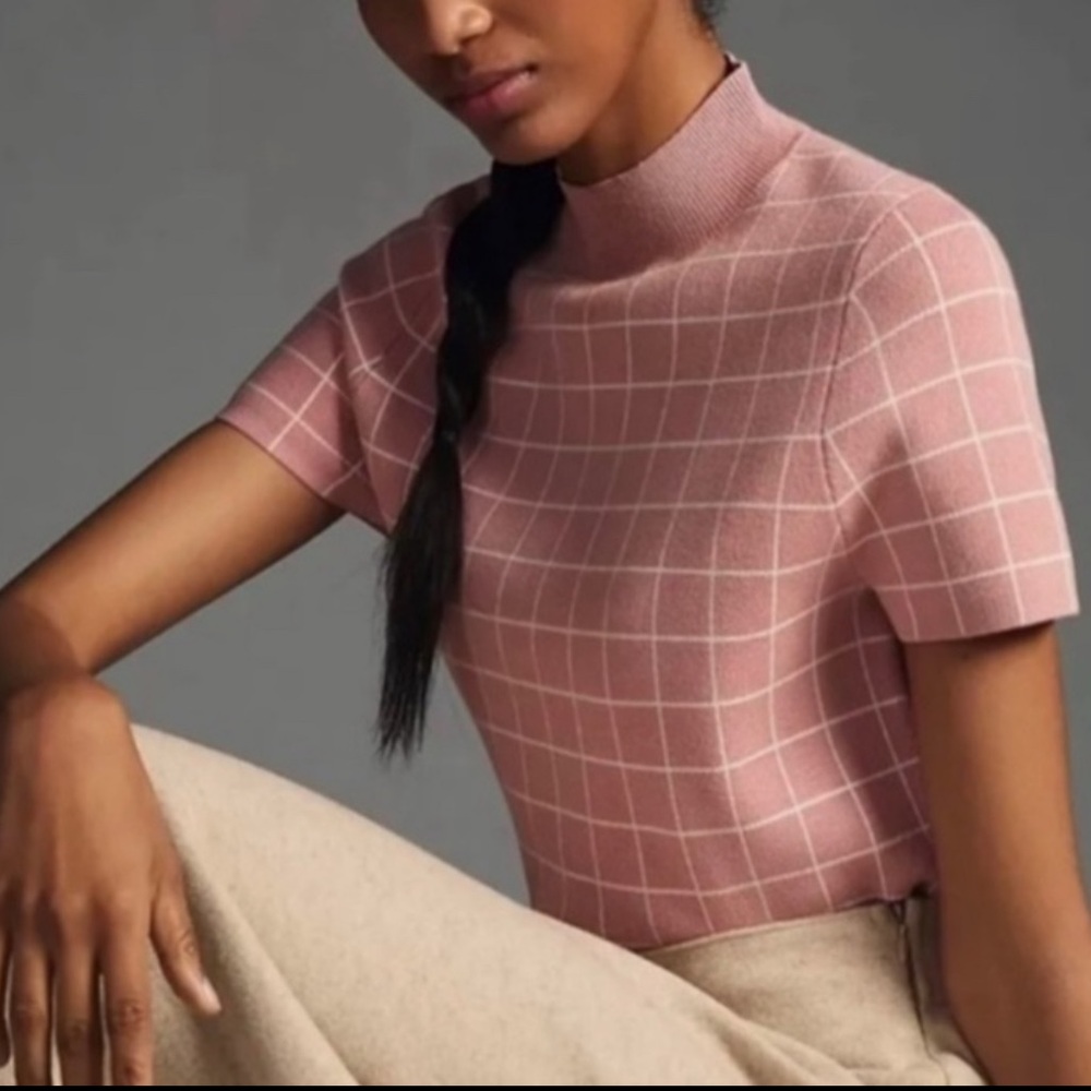 Maeve Pink Grid Short-Sleeve Turtleneck Sweater